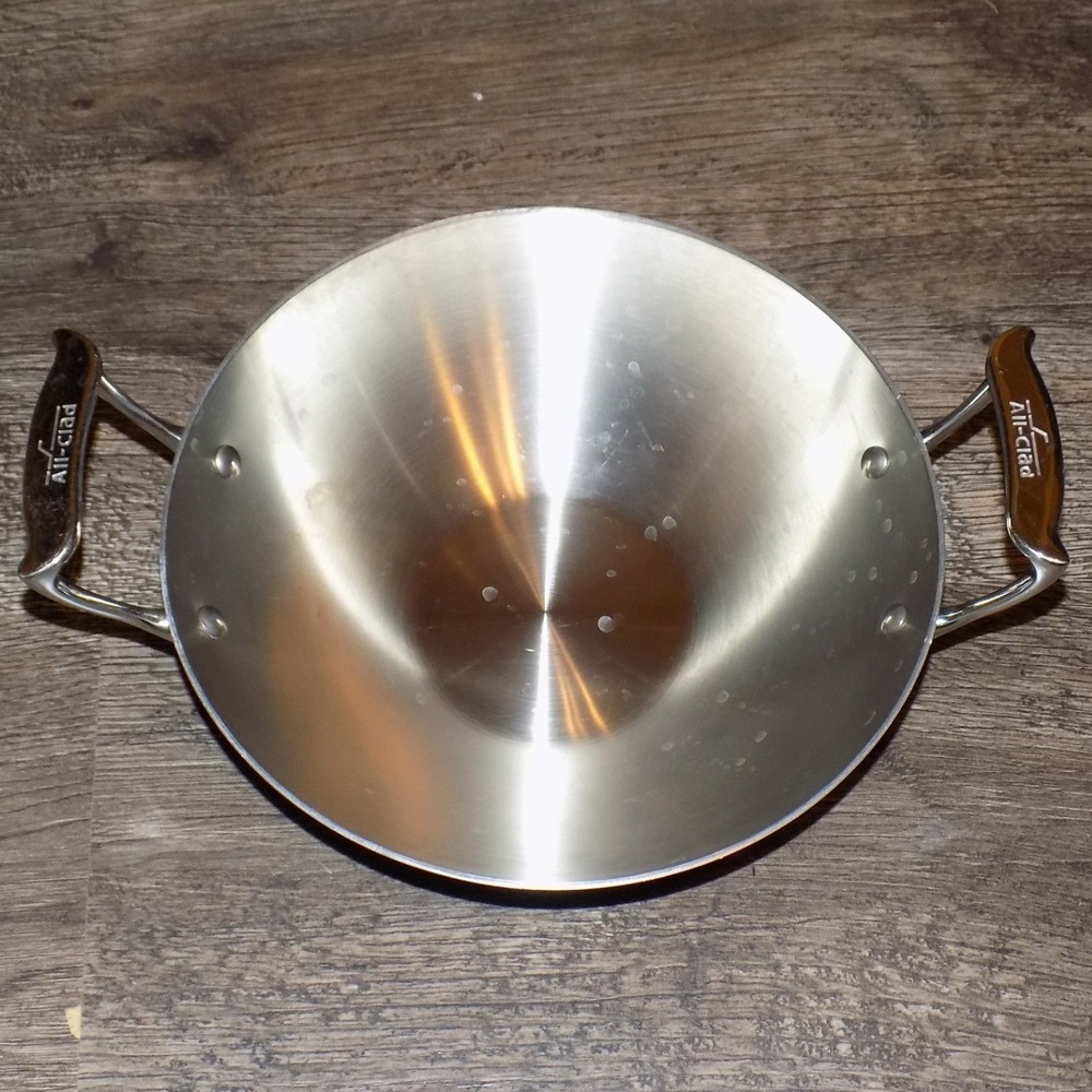 All-Clad Wok Cookware 10" Silver Good Stainless Steel Flat Bottom Dual Handle